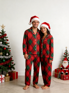 Women Christmas Pajamas - Red & Green Argyle Diamond Plaid Button-Down Sleep Set
