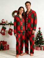 Women Christmas Pajamas - Red & Green Argyle Diamond Plaid Button-Down Sleep Set