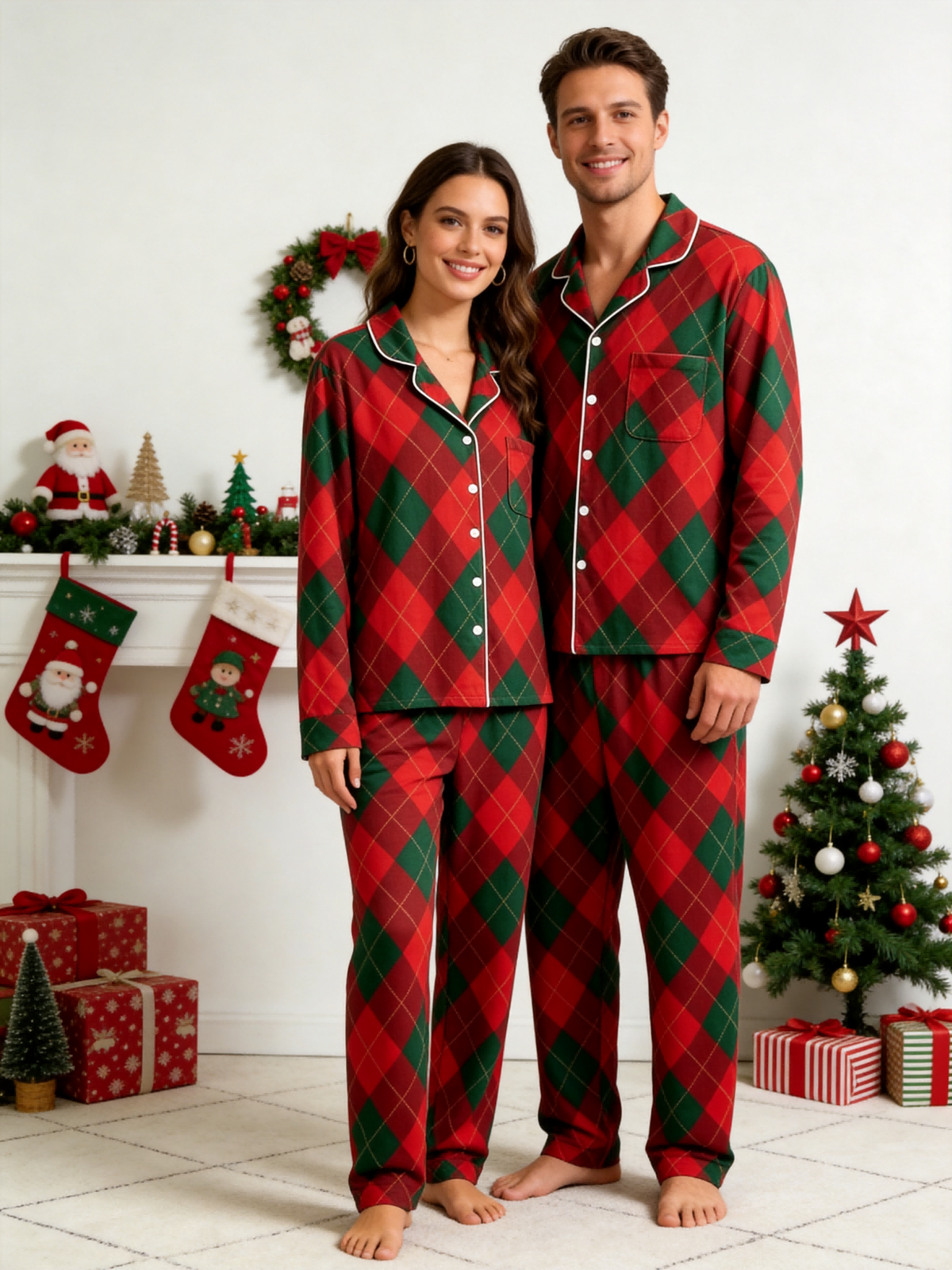 Women Christmas Pajamas - Red & Green Argyle Diamond Plaid Button-Down Sleep Set