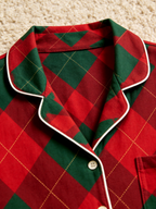 Women Christmas Pajamas - Red & Green Argyle Diamond Plaid Button-Down Sleep Set
