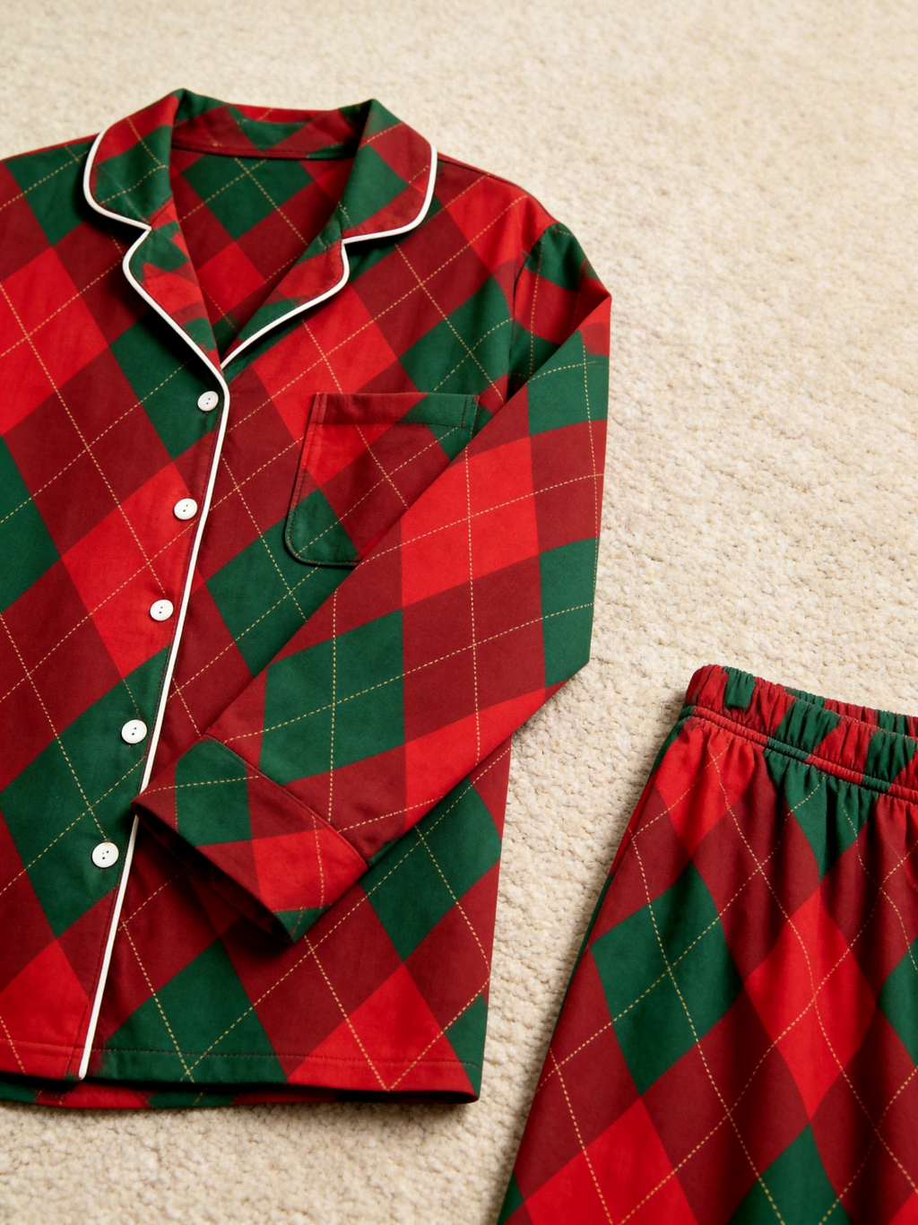 Women Christmas Pajamas - Red & Green Argyle Diamond Plaid Button-Down Sleep Set