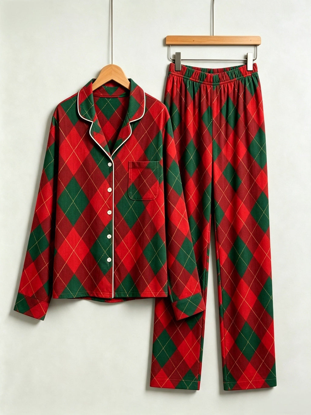 Women Christmas Pajamas - Red & Green Argyle Diamond Plaid Button-Down Sleep Set