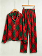 Women Christmas Pajamas - Red & Green Argyle Diamond Plaid Button-Down Sleep Set