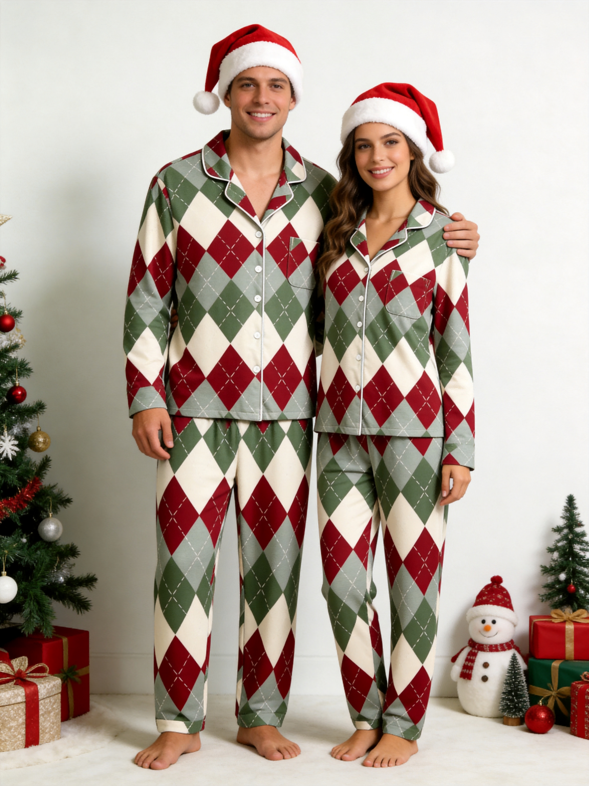 Two-Piece Set Women Christmas Red and Green and White Diamond-Shaped Grid Pajamas Button-Down Long Sleeve PJS Set with Pockets Festive Plaid Pajamas