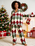 Two-Piece Set Women Christmas Red and Green and White Diamond-Shaped Grid Pajamas Button-Down Long Sleeve PJS Set with Pockets Festive Plaid Pajamas