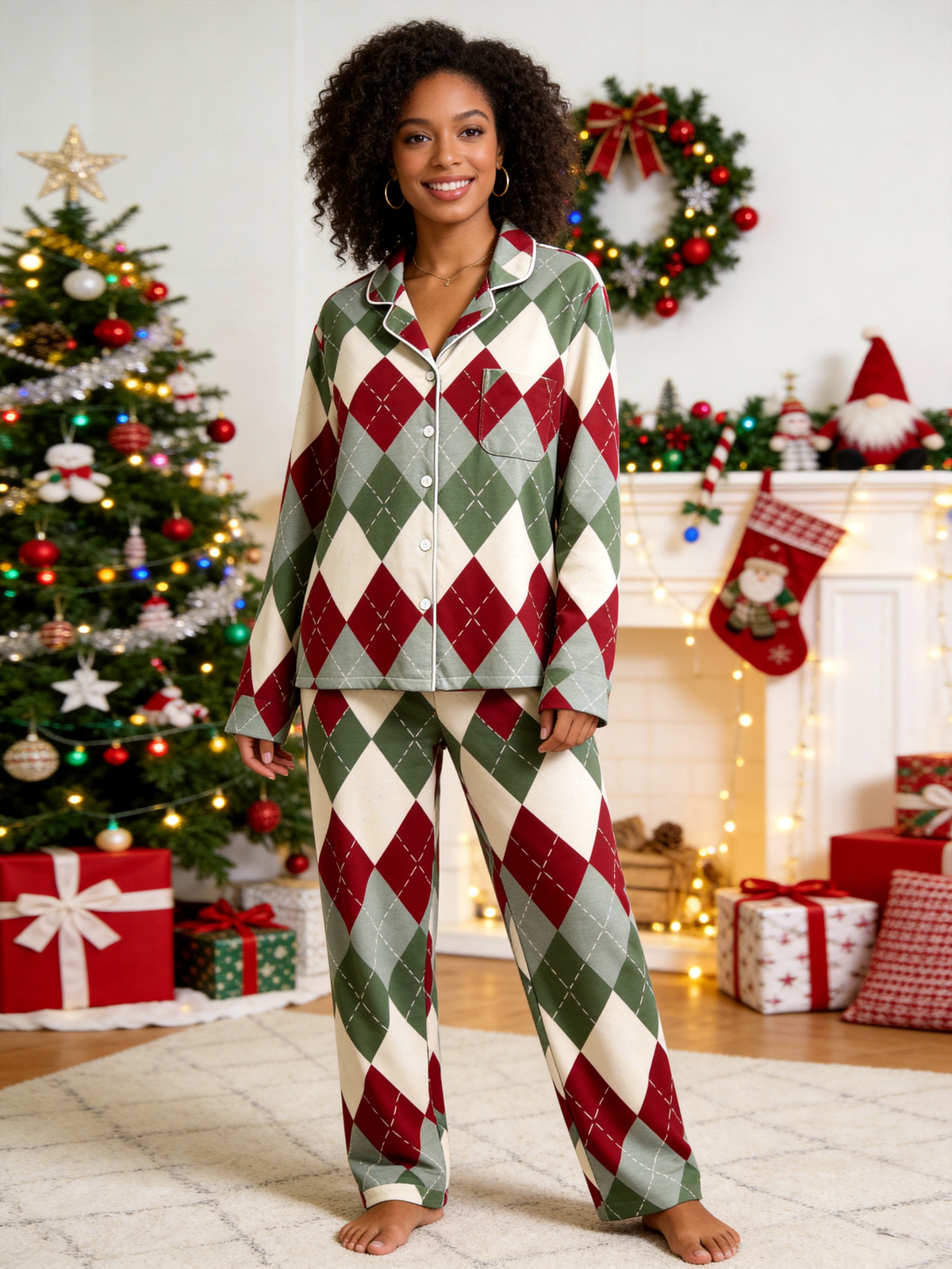 Two-Piece Set Women Christmas Red and Green and White Diamond-Shaped Grid Pajamas Button-Down Long Sleeve PJS Set with Pockets Festive Plaid Pajamas