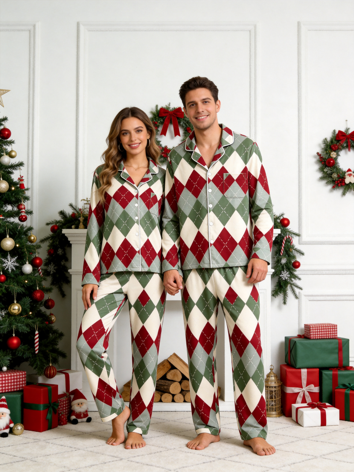 Two-Piece Set Women Christmas Red and Green and White Diamond-Shaped Grid Pajamas Button-Down Long Sleeve PJS Set with Pockets Festive Plaid Pajamas