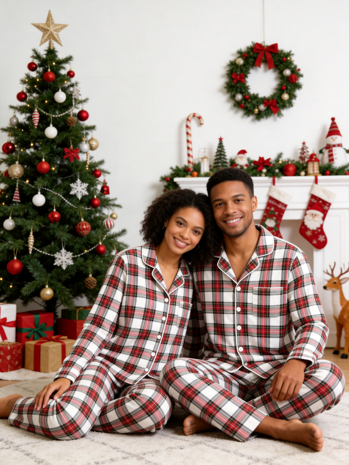 Family Matching Christmas Pajamas - White & Red Tartan Plaid Button-Down Sleepwear