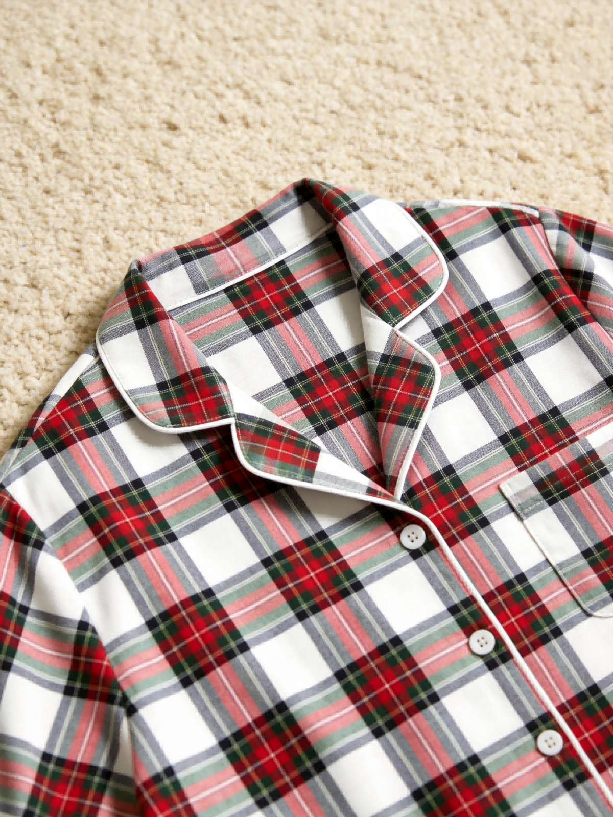 Family Matching Christmas Pajamas - White & Red Tartan Plaid Button-Down Sleepwear