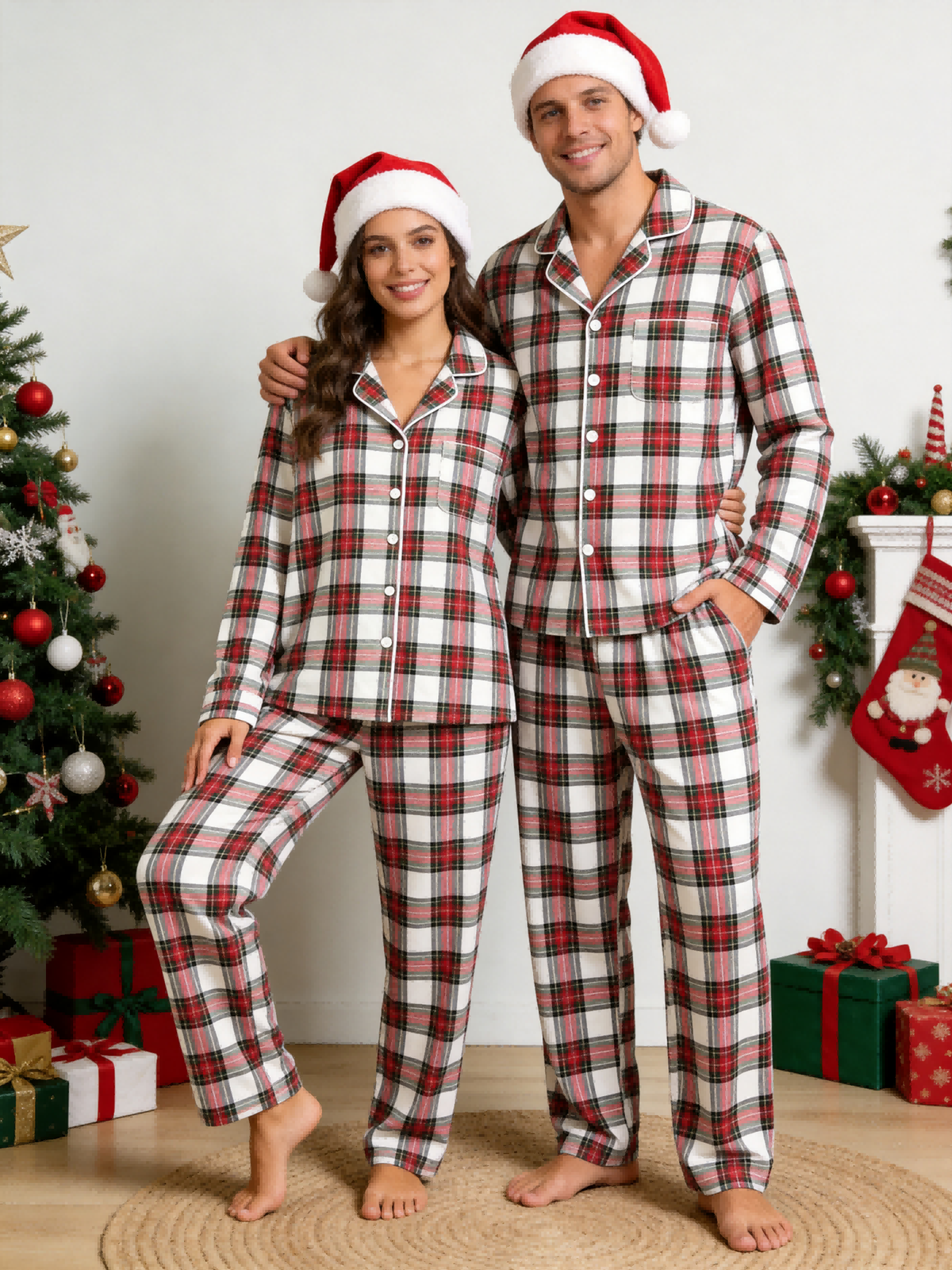 Family Matching Christmas Pajamas - White & Red Tartan Plaid Button-Down Sleepwear