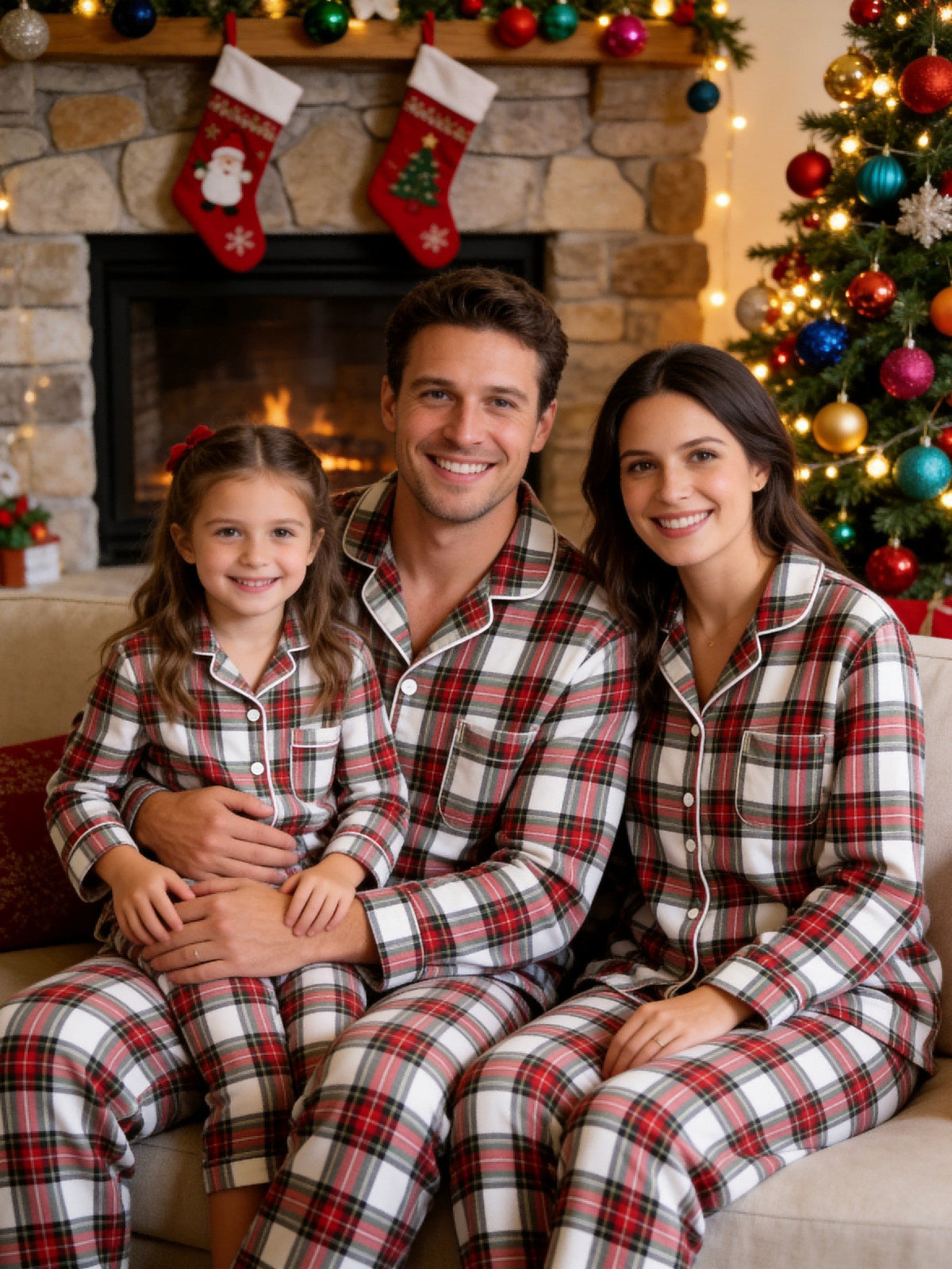 Family Matching Christmas Pajamas - White & Red Tartan Plaid Button-Down Sleepwear