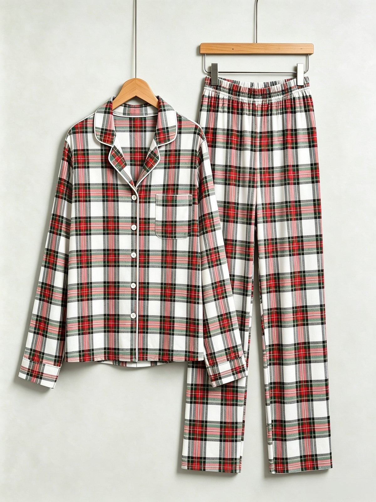 Family Matching Christmas Pajamas - White & Red Tartan Plaid Button-Down Sleepwear