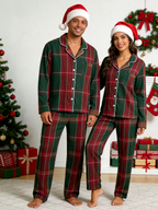 Women Christmas Pajamas - Deep Green & Red Bold Tartan Plaid Button-Down Set
