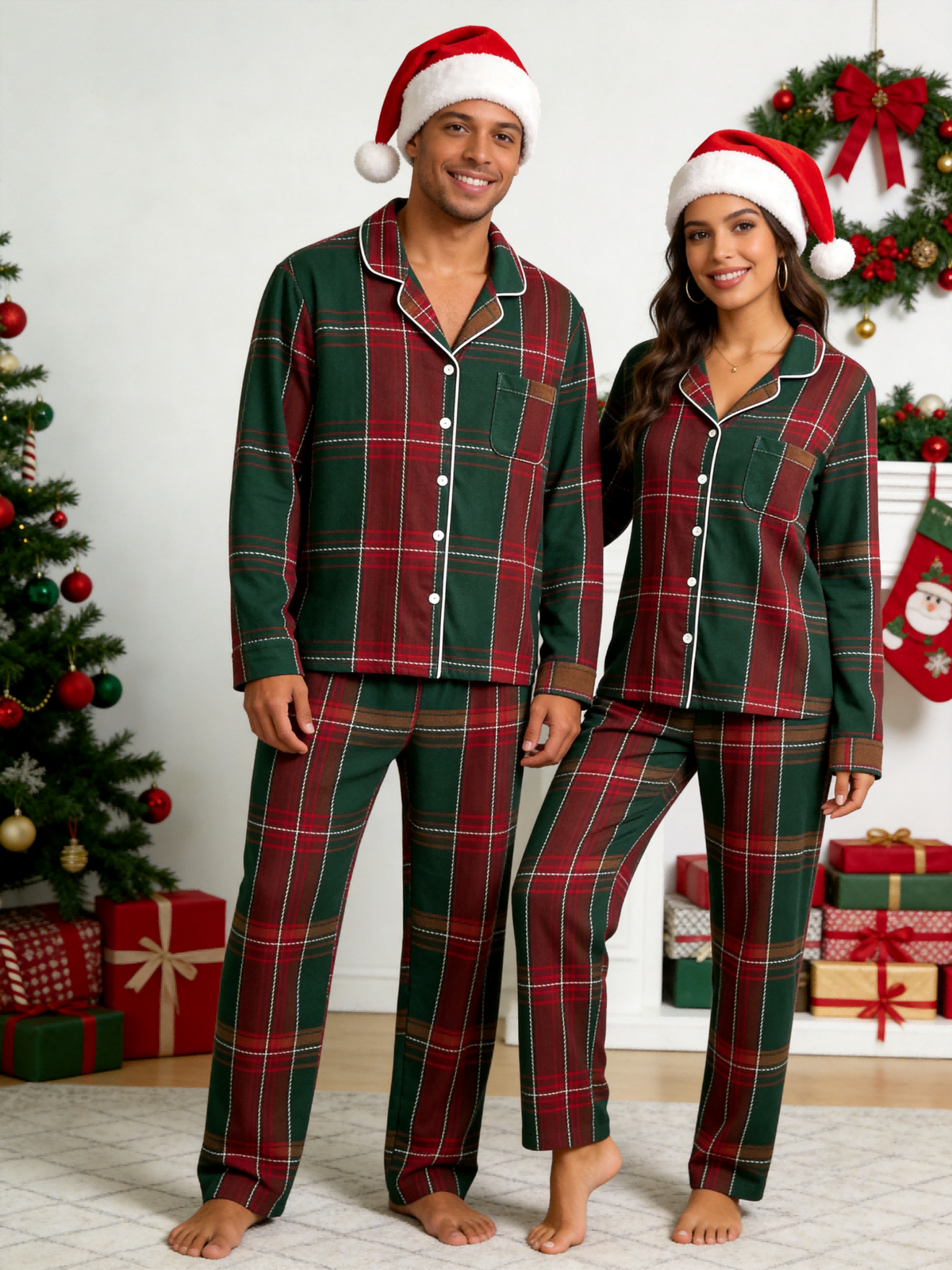 Women Christmas Pajamas - Deep Green & Red Bold Tartan Plaid Button-Down Set