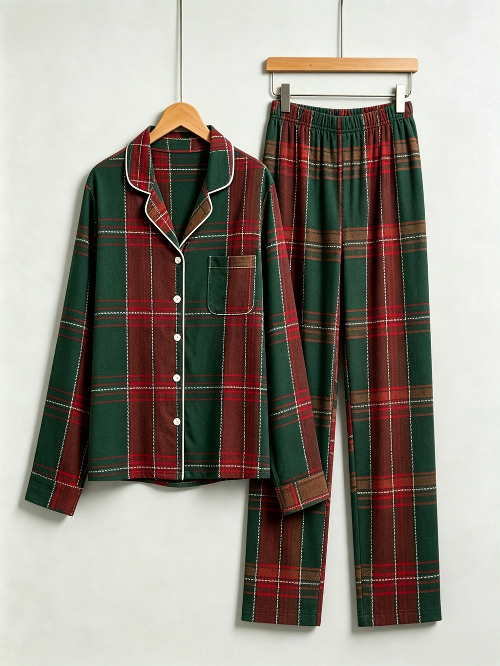 Women Christmas Pajamas - Deep Green & Red Bold Tartan Plaid Button-Down Set