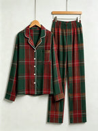 Women Christmas Pajamas - Deep Green & Red Bold Tartan Plaid Button-Down Set