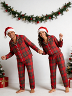 Two-Piece Set Women Christmas Red and Green Plaid PJS Button Up Long Sleeve and Pants with Pockets Pajamas
