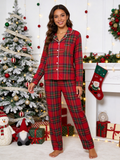 Two-Piece Set Women Christmas Red and Green Plaid PJS Button Up Long Sleeve and Pants with Pockets Pajamas