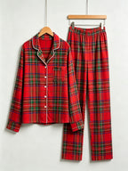 Two-Piece Set Women Christmas Red and Green Plaid PJS Button Up Long Sleeve and Pants with Pockets Pajamas