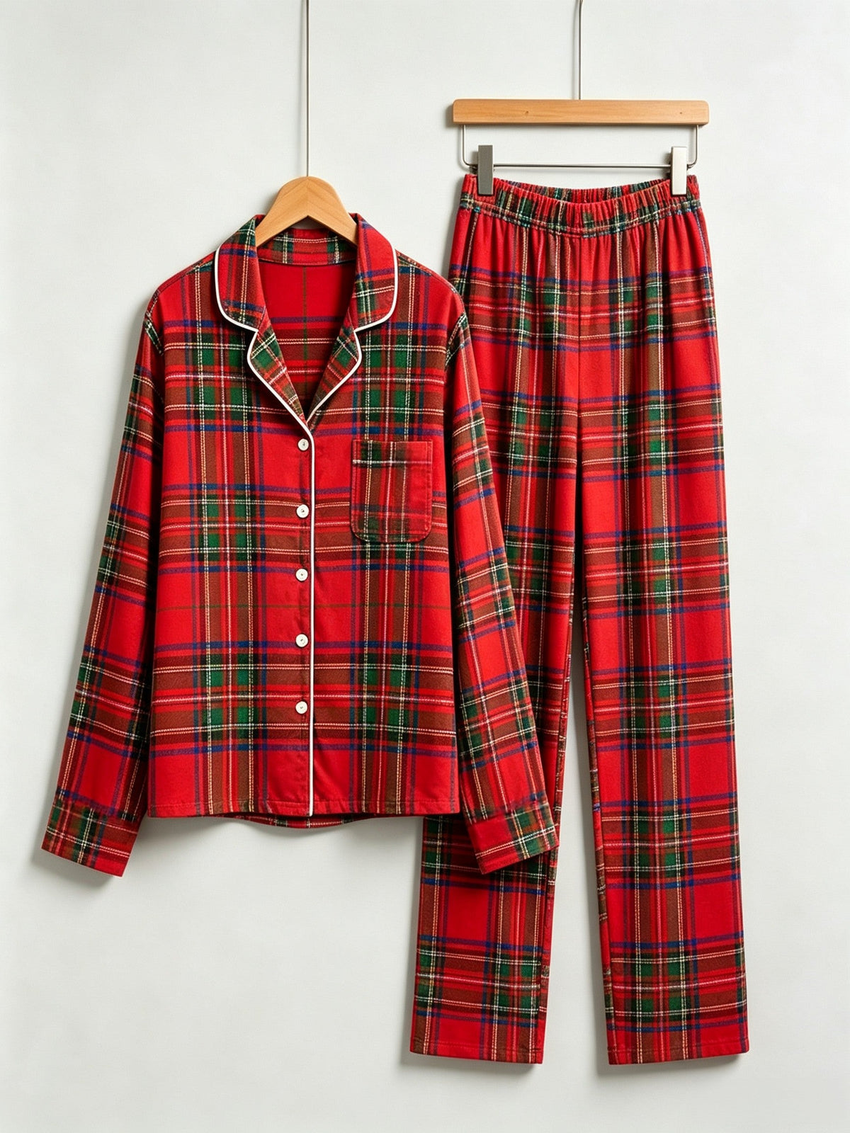 Two-Piece Set Women Christmas Red and Green Plaid PJS Button Up Long Sleeve and Pants with Pockets Pajamas