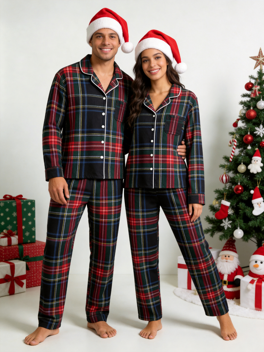 Women Christmas Two-Piece Button-Down Long Sleeve PJS Set with Pockets Classic Red and Blue Plaid Pajamas