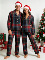 Women Christmas Two-Piece Button-Down Long Sleeve PJS Set with Pockets Classic Red and Blue Plaid Pajamas