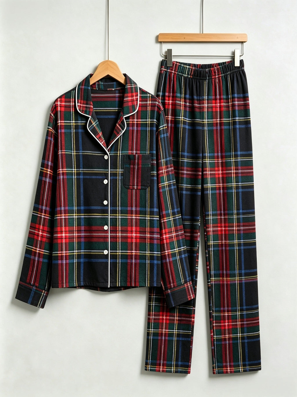 Women Christmas Two-Piece Button-Down Long Sleeve PJS Set with Pockets Classic Red and Blue Plaid Pajamas