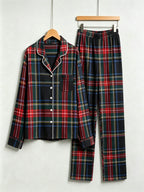 Women Christmas Two-Piece Button-Down Long Sleeve PJS Set with Pockets Classic Red and Blue Plaid Pajamas