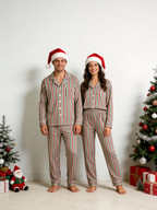 Women Christmas Two-Piece Button-Down Long Sleeve PJS Set with Pockets Classic Red and Green Striped Holiday Pajamas