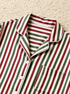 Women Christmas Two-Piece Button-Down Long Sleeve PJS Set with Pockets Classic Red and Green Striped Holiday Pajamas
