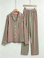 Women Christmas Two-Piece Button-Down Long Sleeve PJS Set with Pockets Classic Red and Green Striped Holiday Pajamas