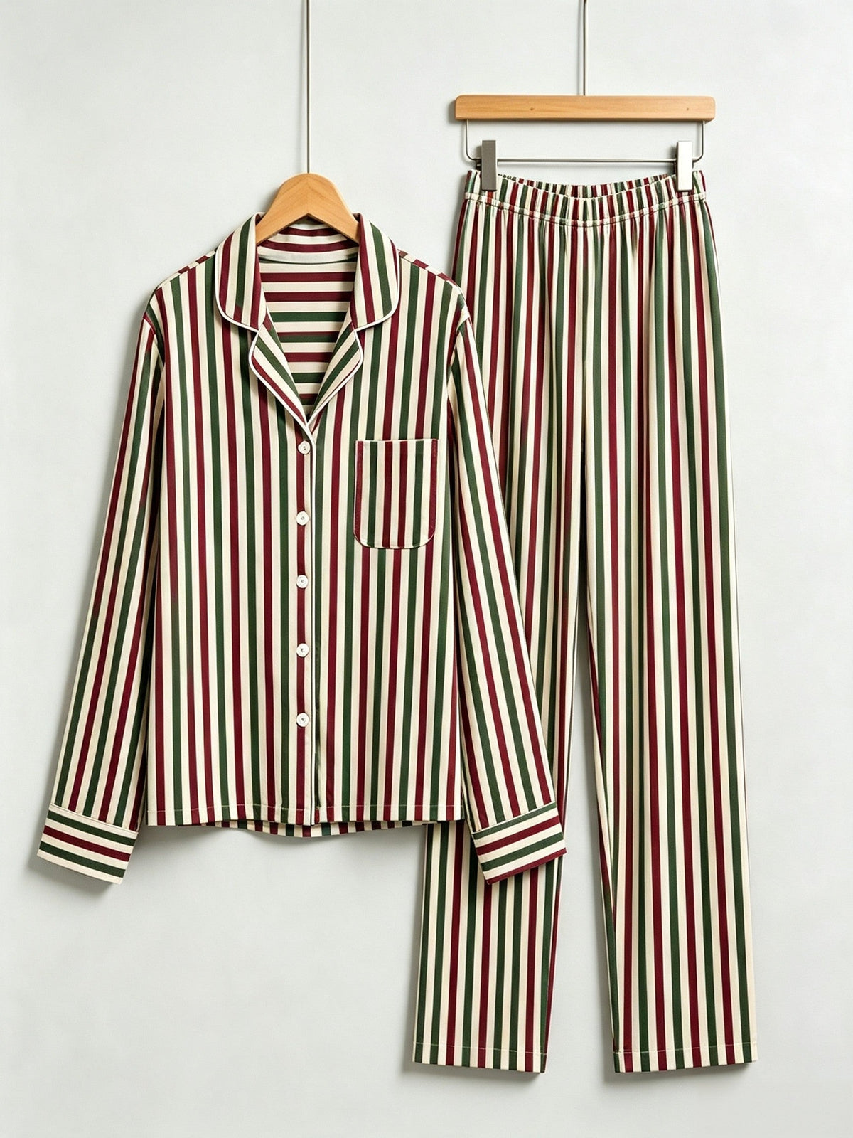 Women Christmas Two-Piece Button-Down Long Sleeve PJS Set with Pockets Classic Red and Green Striped Holiday Pajamas