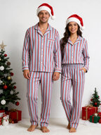 Women Christmas Two-Piece Button-Down Long Sleeve PJS Set with Pockets Classic Red and Light Blue Striped Festive Holiday  Pajamas