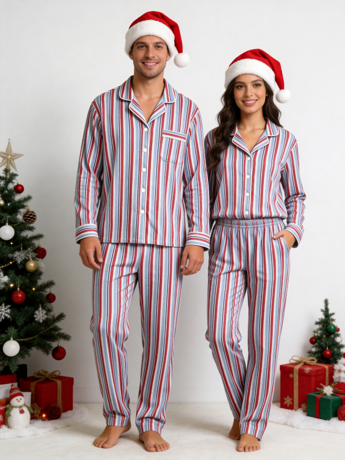Women Christmas Two-Piece Button-Down Long Sleeve PJS Set with Pockets Classic Red and Light Blue Striped Festive Holiday  Pajamas