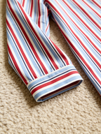 Women Christmas Two-Piece Button-Down Long Sleeve PJS Set with Pockets Classic Red and Light Blue Striped Festive Holiday  Pajamas