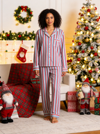 Women Christmas Two-Piece Button-Down Long Sleeve PJS Set with Pockets Classic Red and Light Blue Striped Festive Holiday  Pajamas