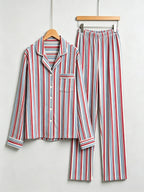Women Christmas Two-Piece Button-Down Long Sleeve PJS Set with Pockets Classic Red and Light Blue Striped Festive Holiday  Pajamas