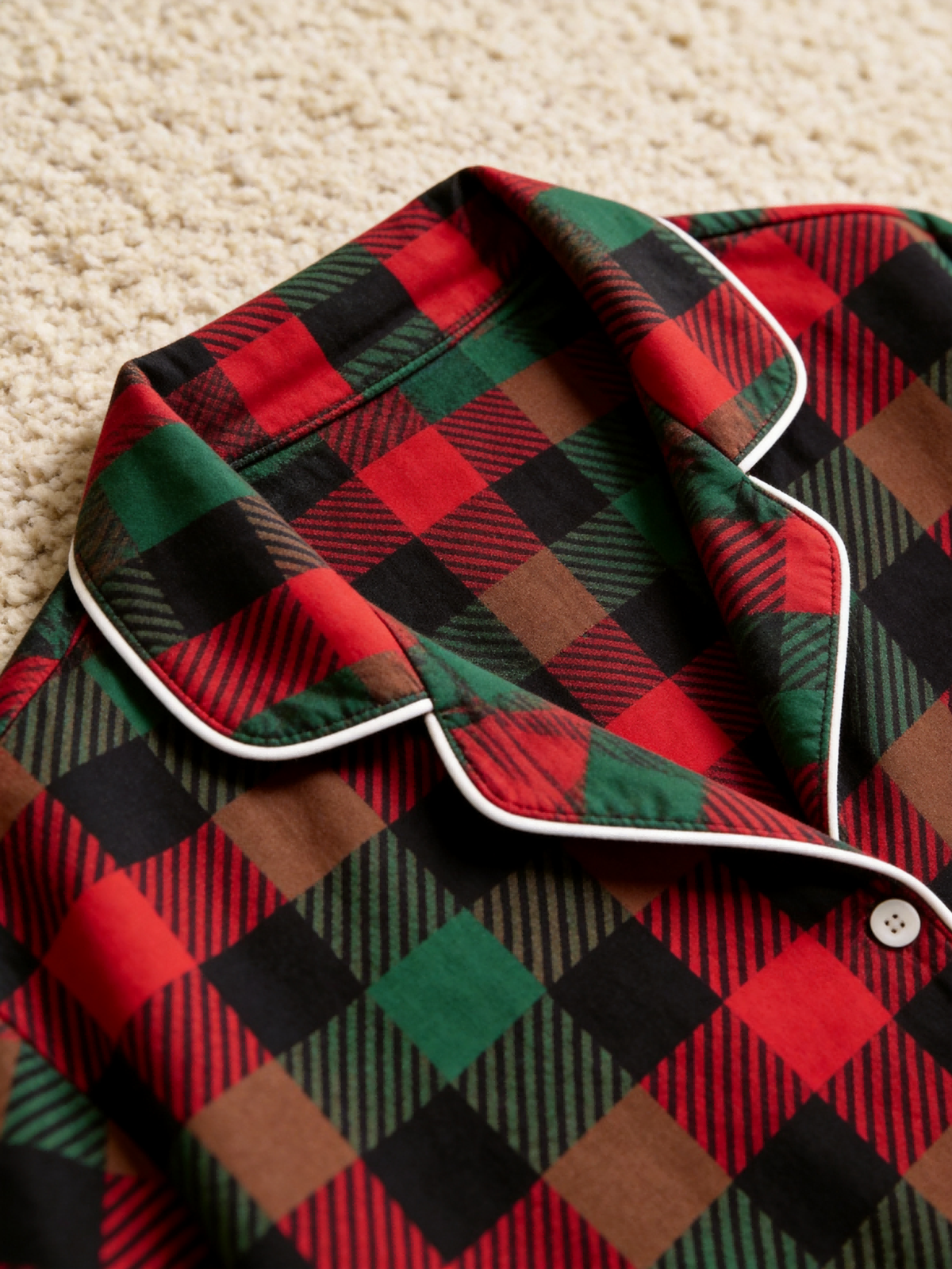 Women Christmas Two-Piece Button Front Red and Forest Green and Blue Plaid Festive Holiday PJS Set