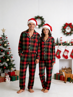 Women Christmas Two-Piece Button Front Red and Forest Green and Blue Plaid Festive Holiday PJS Set