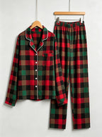 Women Christmas Two-Piece Button Front Red and Forest Green and Blue Plaid Festive Holiday PJS Set