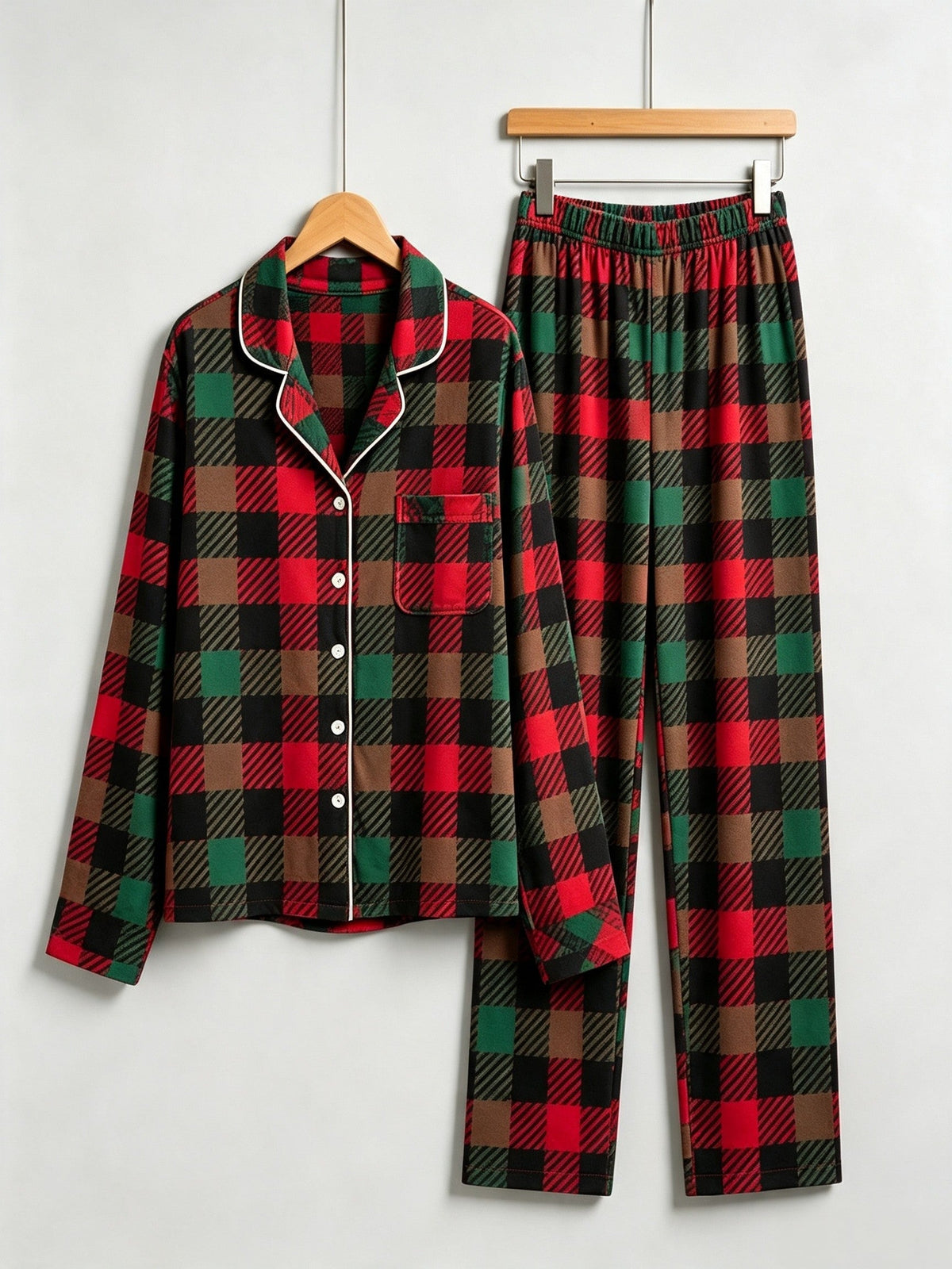 Women Christmas Two-Piece Button Front Red and Forest Green and Blue Plaid Festive Holiday PJS Set