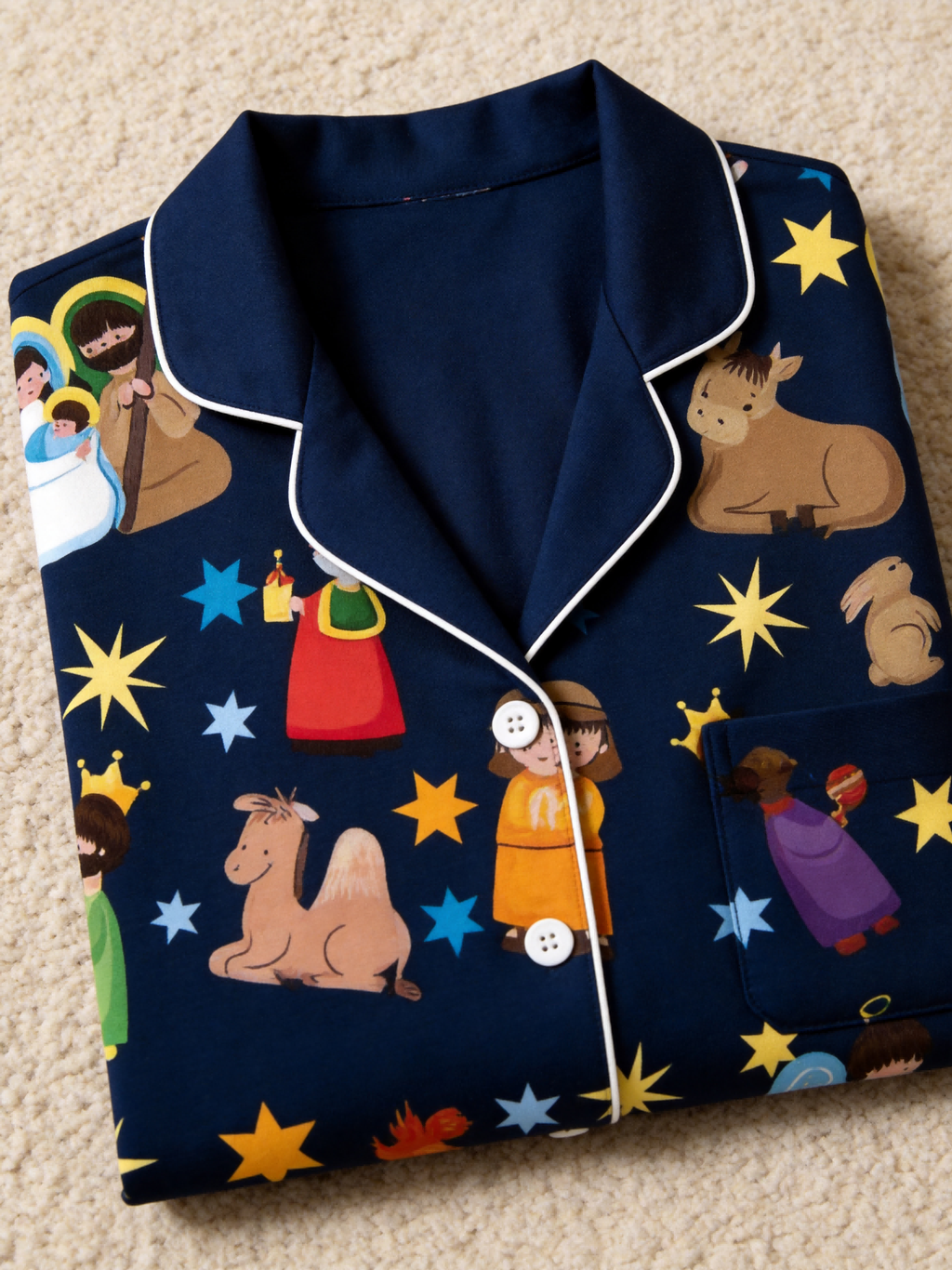 Women Christmas Pajamas Set - Navy Blue Nativity Scene Long-Sleeve Button-Down Sleepwea