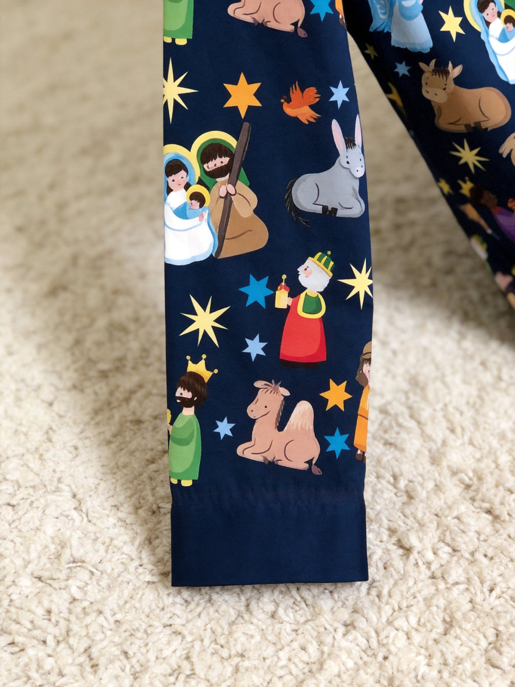 Women Christmas Pajamas Set - Navy Blue Nativity Scene Long-Sleeve Button-Down Sleepwea