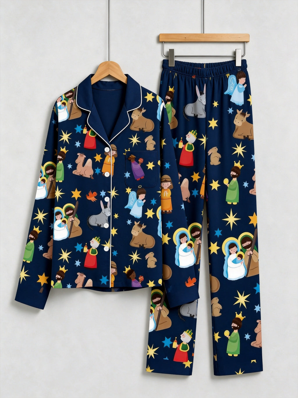 Women Christmas Pajamas Set - Navy Blue Nativity Scene Long-Sleeve Button-Down Sleepwea
