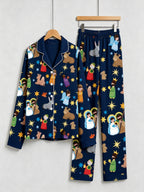 Women Christmas Pajamas Set - Navy Blue Nativity Scene Long-Sleeve Button-Down Sleepwea