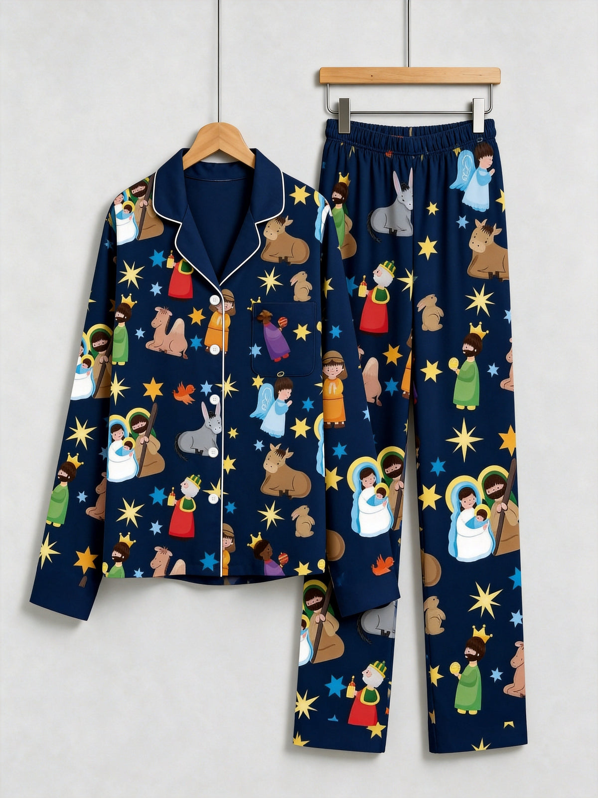 Women Christmas Pajamas Set - Navy Blue Nativity Scene Long-Sleeve Button-Down Sleepwea