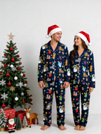 Women Christmas Pajamas Set - Navy Blue Nativity Scene Long-Sleeve Button-Down Sleepwea