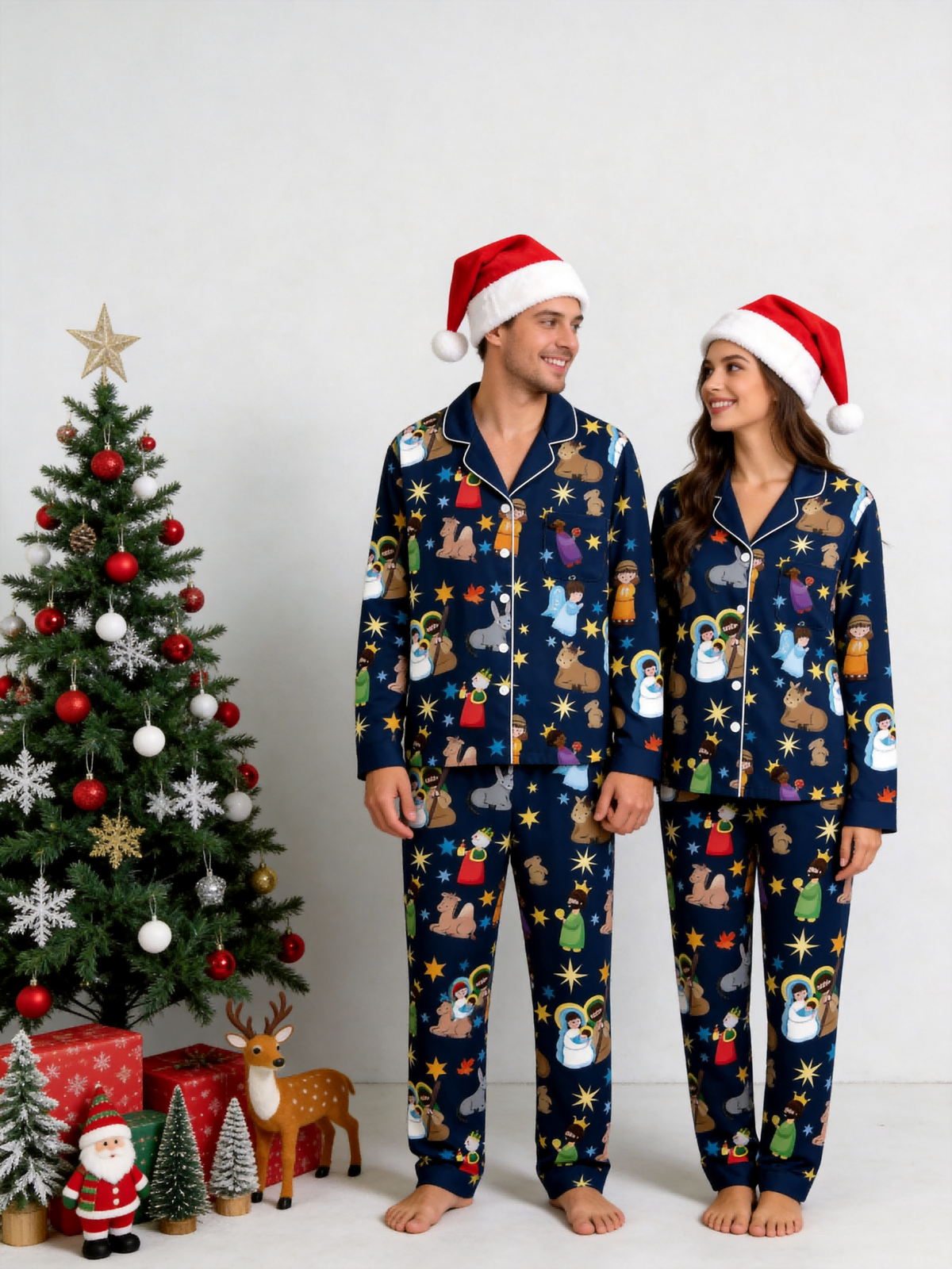 Women Christmas Pajamas Set - Navy Blue Nativity Scene Long-Sleeve Button-Down Sleepwea