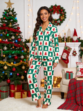 Women Christmas Pajamas - Green & Red Christmas Tree Block Check Button-Down Sleep Set