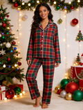 Women  Christmas Two-Piece Button Up Long Sleeve PJS Set